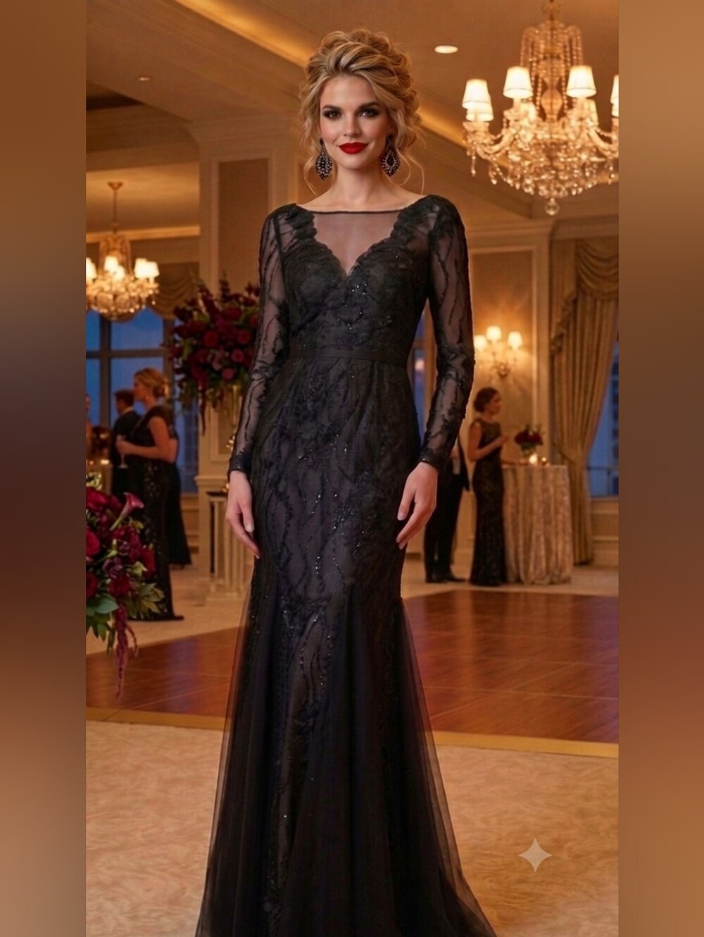 NWOT Size 12 Basix Black Label Black Long Sleeve Embellished Evening Gown